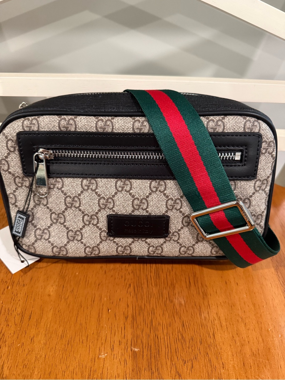 Beige Belt Bag with Black Trim